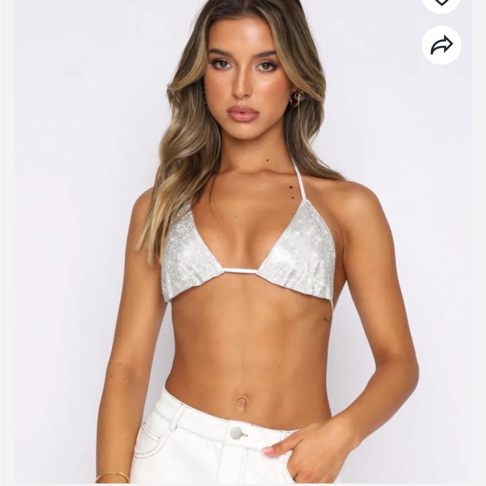 White Fox Boutique Silver Sequin Triangle Crop Top